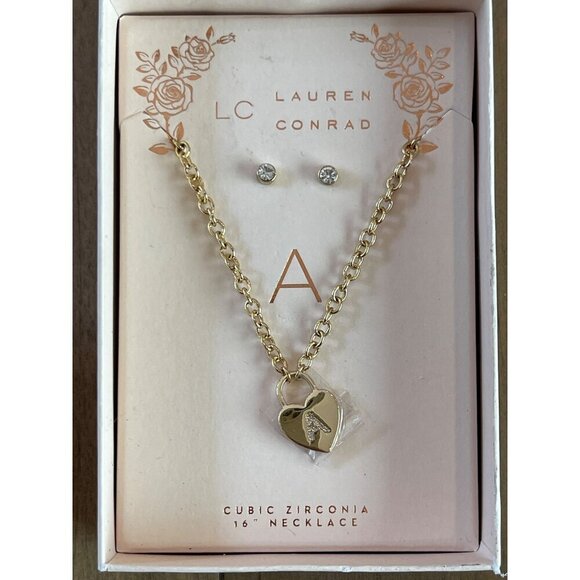 Lauren Conrad Cubic Zirconia Heart Necklace & Earrings A Initial Gold Tone 16" - Picture 1 of 9